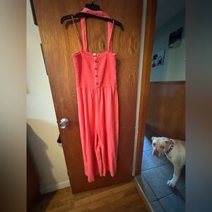 Love Tree Coral Smocked Jumpsuit NWOT